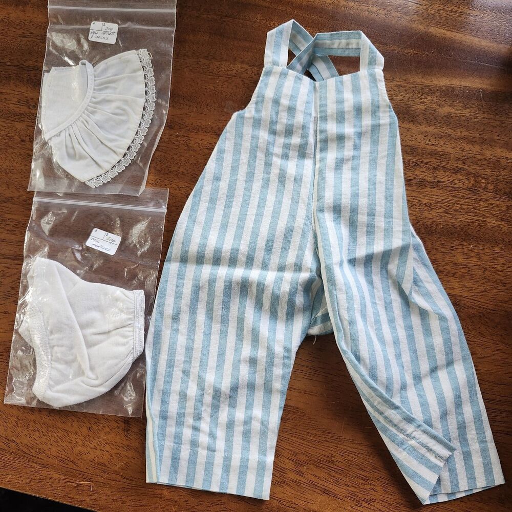Vintage Style Doll Clothes Lot Blue Striped Romper White Panties Apron Socks